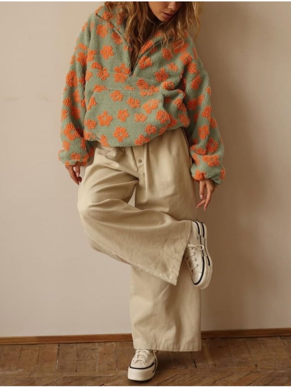 Womens Green Orange Floral Faux Fur Fleece Pullover Y2k Sherpa ZIP Winter Jacket - Picture 3 of 4